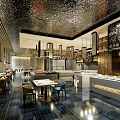 Modern Restaurant Interior With Blue Tiled Floor Black Ceiling Buffet Counters And Colorful Seats