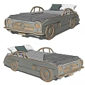 Kids Car Shaped Light Gray Wooden Bed With Striped Blanket And Pillow
