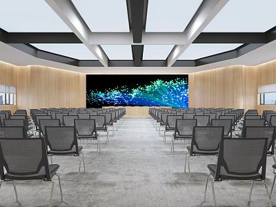 Modern Conference Room With Spacious Layout Gray Chairs Large Screen And Wooden Walls 3d model