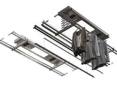 Sturdy Metal Ceiling Mounted Clothes Rack Design With Hanging Clothes And Retractable Rails 3d model
