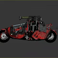 Red Futuristic Sci Fi Tricycle with Mechanical Frame and Weapon like Components Design 3d model