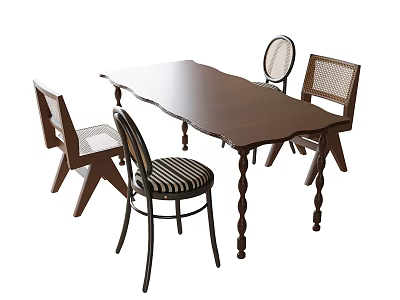 Wooden Dining Table With Spiral Legs And Various Designed Chairs Set 3d model