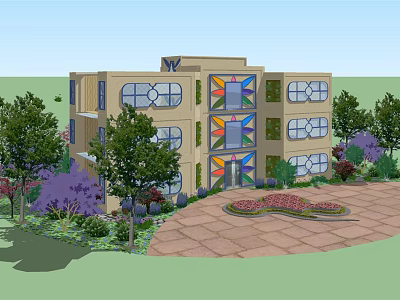 Modern Single Family Villa With Stained Glass Windows Greenery And Paved Courtyard 3d model