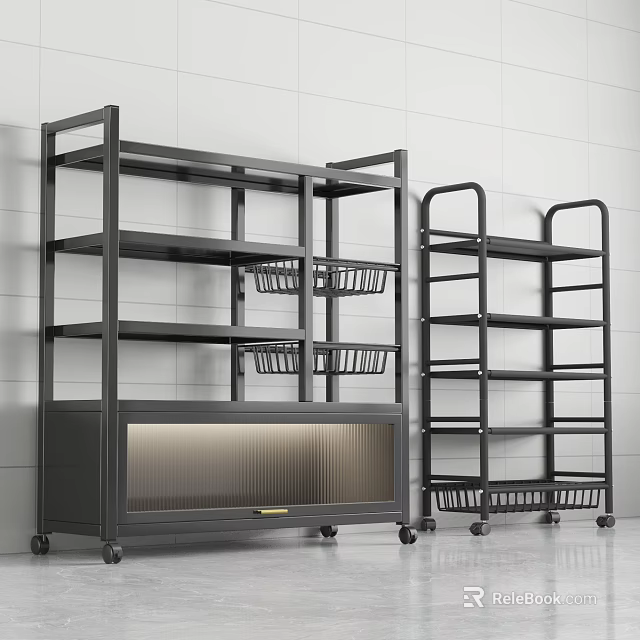 Modern Wheeled Kitchen Cabinets With Open Shelves And Baskets 3d model 