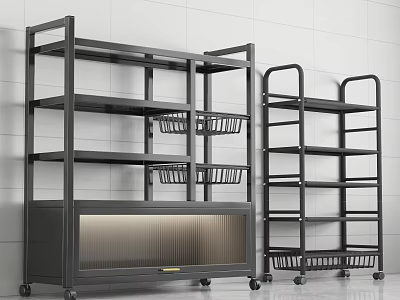 Modern Wheeled Kitchen Cabinets With Open Shelves And Baskets 3d model