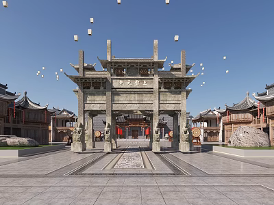 Ancient Architectural Memorial Archway With Traditional Buildings Stone Lions And Hanging Lanterns In Plaza 3d model