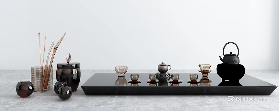 Elegant Tea Set With Teapot Multiple Tea Cups And Black Tray On Minimalist Table 3d model 