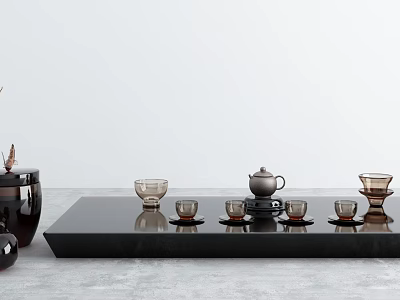 Elegant Tea Set With Teapot Multiple Tea Cups And Black Tray On Minimalist Table 3d model