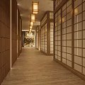 Elegant Modern Hotel Lobby Interior With Wooden Decorative Structure Reception Desk And Stylish Wall Lighting