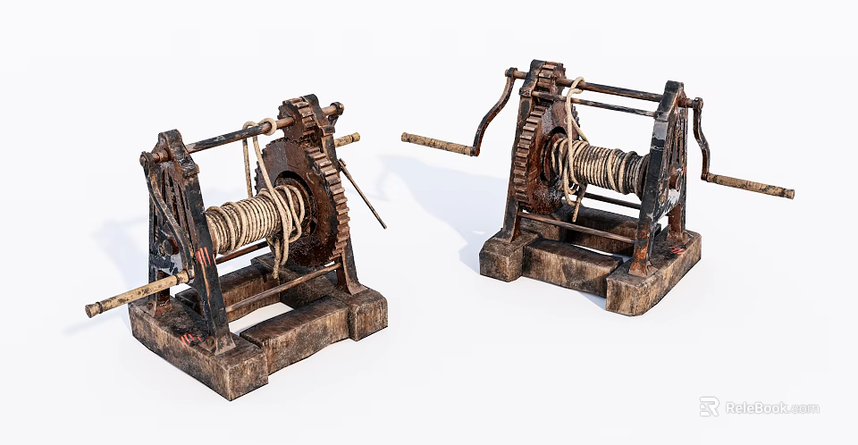 Vintage Rusted Industrial Equipment With Metal Gears Ropes And Wooden Base 3d model 