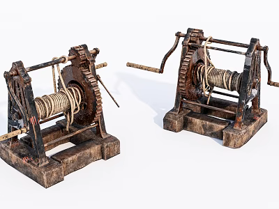 Vintage Rusted Industrial Equipment With Metal Gears Ropes And Wooden Base 3d model