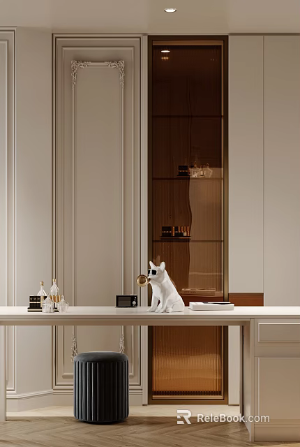 Bedroom Interior With Light Colored Walls Wooden Cabinet And White Dog Figurine On Table 3d model 