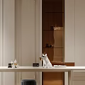 Bedroom Interior With Light Colored Walls Wooden Cabinet And White Dog Figurine On Table