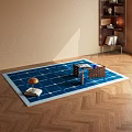 Blue Square Rug With White Grid Pattern On Wooden Floor In Modern Living Room