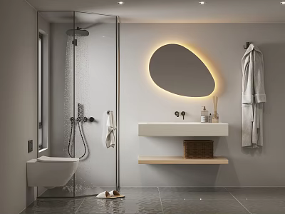 Modern Bathroom With Glass Shower Oval Backlit Mirror And White Vanity 3d model