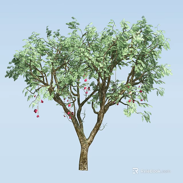 Lush Tree With Green Foliage And Red Fruits Against Blue Sky 3d model 
