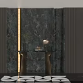 Elegant Entryway Hallway With Marble Wall Striped Panels Console Table And Geometric Rug