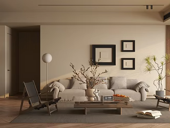 Mid-ancient style living room sofa coffee table combination jewelry ornaments green plants potted leisure chair carpet decorative painting 3d model