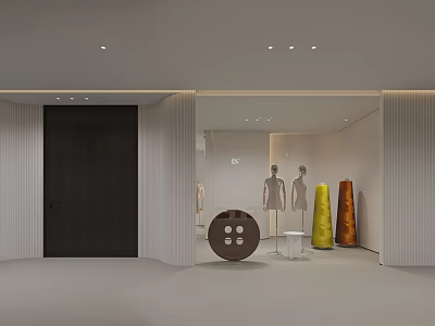 Modern Minimalist Showroom Interior With Mannequins Round Table Conical Decor And White Dark Walls 3d model