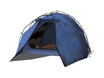 Blue Camping Tent With Open Door And Sleeping Mat For Outdoor Use 3d model