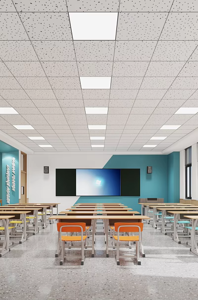 Modern School Classroom Interior With Neatly Arranged Desks Chairs Blue Walls And Windows 3d model