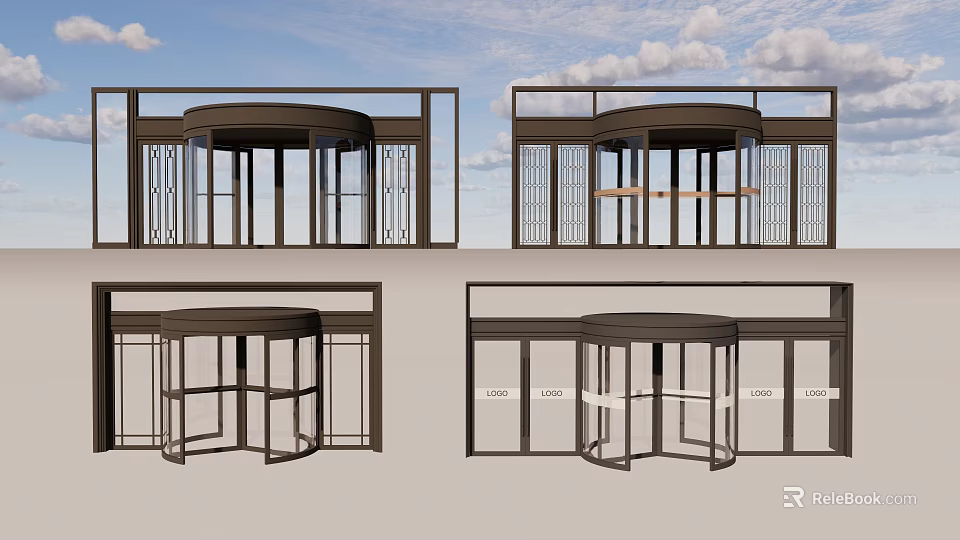 Modern Revolving Door Design With Metal Frame Glass Panels And Decorative Grilles 3d model 