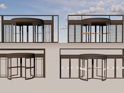 Modern Revolving Door Design With Metal Frame Glass Panels And Decorative Grilles 3d model