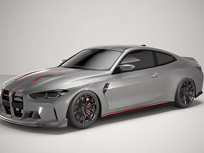 Silver Two Door Sports Car Featuring Red Stripes Black Wheels And Red Brake Calipers 3d model