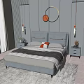 Modern Double Bed With Gray Headboard Orange Cushions Nightstand And City View