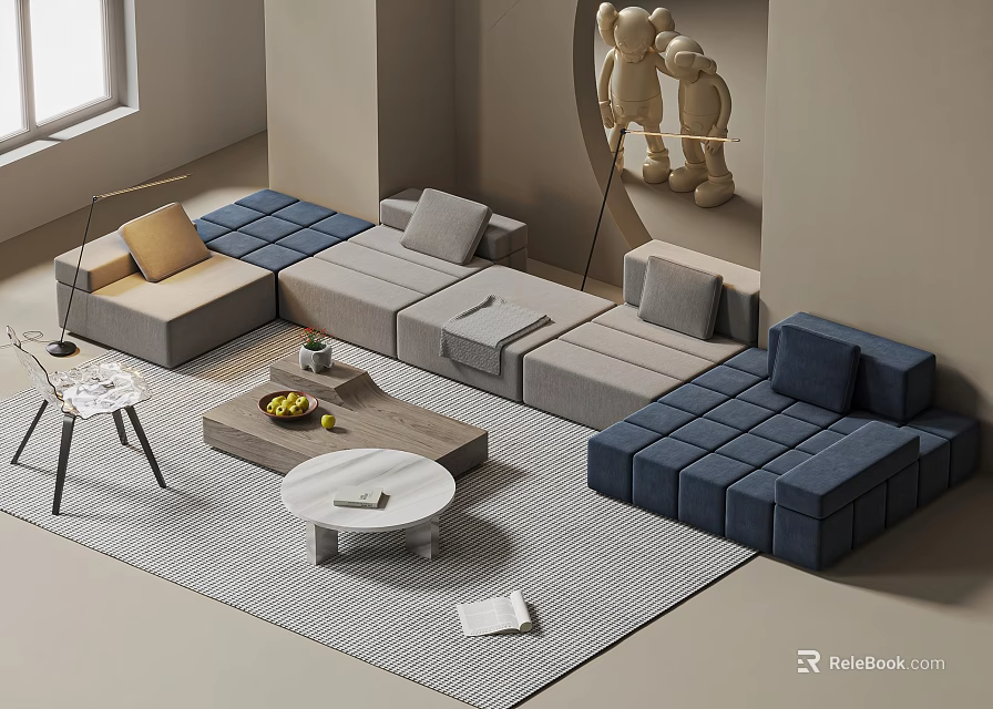 Modern Sectional Sofa with Coffee Tables in Gray Blue Beige for Cozy Living Room 3d model 