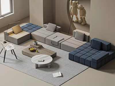 Modern Sectional Sofa with Coffee Tables in Gray Blue Beige for Cozy Living Room 3d model