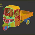 Yellow Three Wheeled Cargo Truck With Open Bed And Cabin On Dark Background With Reflection