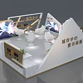 Modern Exhibition Booth with Large Digital Screens White Tables Seats and Display Shelves