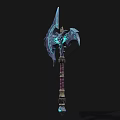 Ornate Glowing Axe With Blue Luminous Details Wing Like Structure And Purple Gold Handle