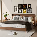 Double Bed Featuring Wooden Headboard White Sheets Gray Pillows Decorative Wall Art Nightstand And Lamp