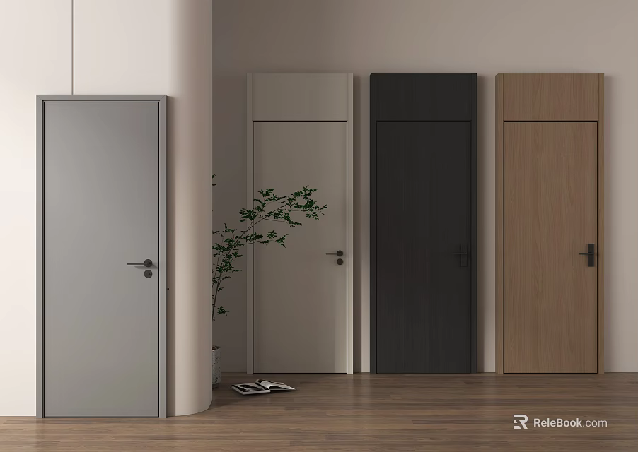 Stylish Interior Doors In Various Colors With Potted Plant And Wooden Floor 3d model
