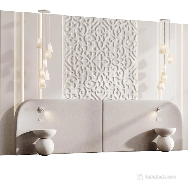 Modern Elegant Bed Background Wall With White Carved Pattern And Upholstered Headboard Hanging Pendant Lights 3d model 
