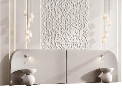 Modern Elegant Bed Background Wall With White Carved Pattern And Upholstered Headboard Hanging Pendant Lights 3d model
