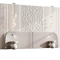 Modern Elegant Bed Background Wall With White Carved Pattern And Upholstered Headboard Hanging Pendant Lights