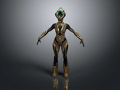 Futuristic Game Movie Character With Gold And Black Armor And Green Glowing Headpiece 3d model