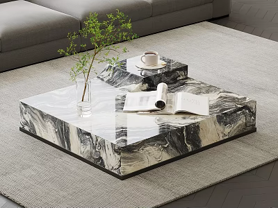 Modern Marble Coffee Table With Green Plant Open Magazine And Coffee Cup On Carpet 3d model