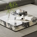Modern Marble Coffee Table With Green Plant Open Magazine And Coffee Cup On Carpet