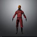 3D Model of Worker in Red Uniform With Orange Safety Helmet Standing Against Gray Background