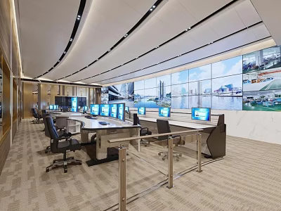 Modern Monitoring Room Interior Design With Multiple Display Screens And Control Console 3d model