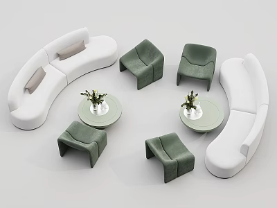 Modern Sofa Coffee Table Set With White Sofa Green Chairs Round Tables And Vases 3d model