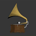 Vintage Gramophone With Golden Horn Wooden Base And Black Vinyl Record