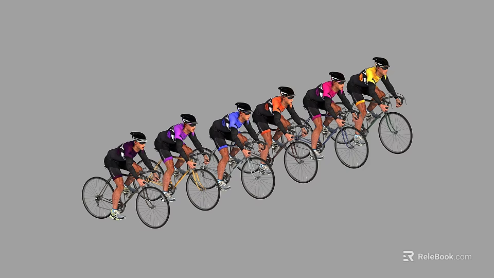 Group of Cyclists Riding Bicycles in Line With Colorful Jerseys and Helmets 3d model 
