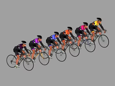 Group of Cyclists Riding Bicycles in Line With Colorful Jerseys and Helmets 3d model