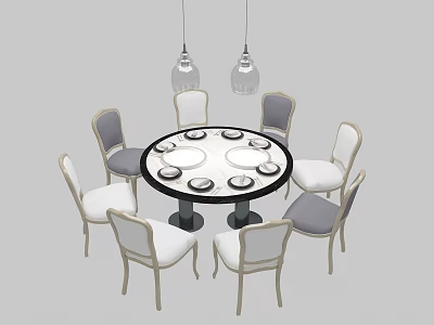 Modern Round Dining Table Set With White And Gray Chairs And Hanging Pendant Lights 3d model