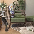 Green Casual Sofa Set with Floral Pillow Yellow Throw and Ottoman on Wooden Floor Rug